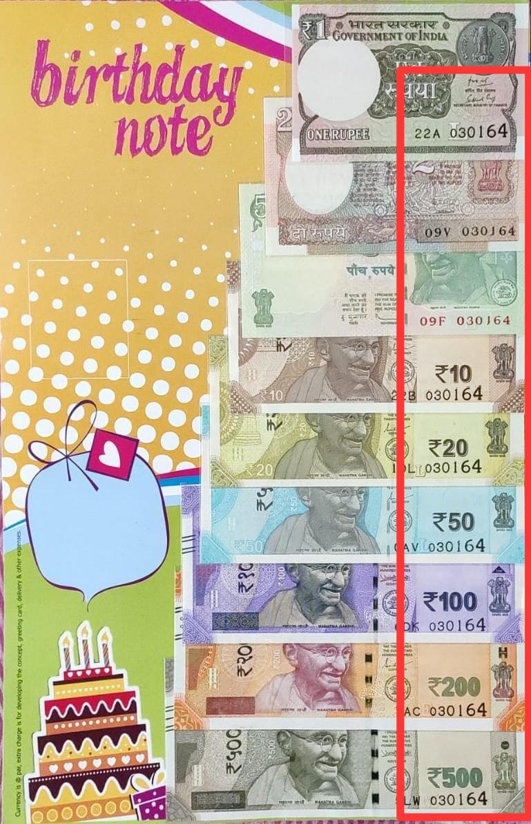 1-2-5-10-20-50-100-200-500 Rupees original currency note combo matching your birthdate with birthday cover