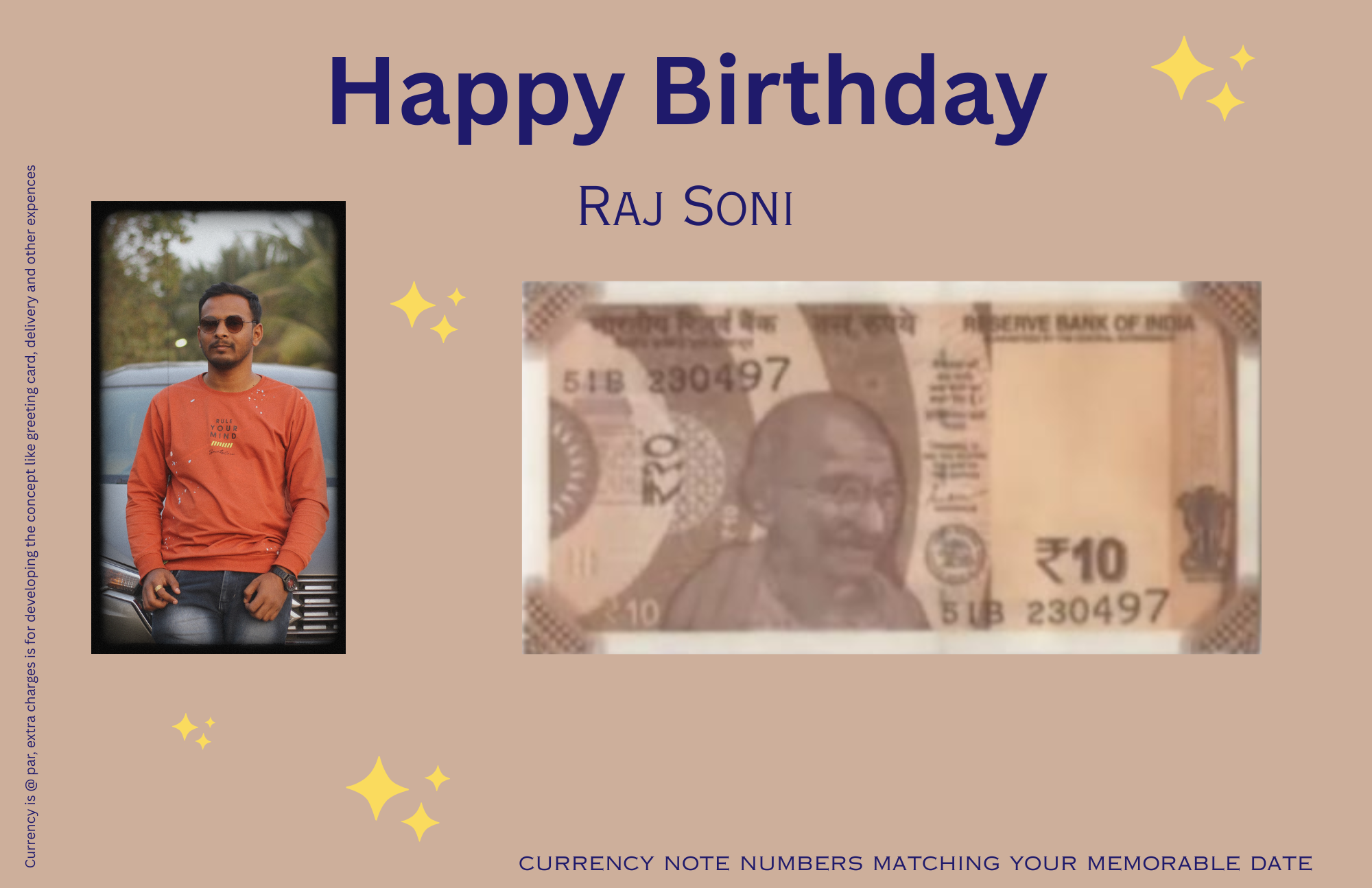 10 Rupees Currency Note with your birth-date and photo in a card packing