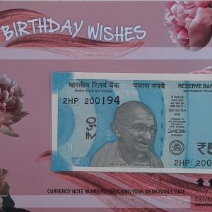 50 Rupees currency note matching your birthdate with birthday cover
