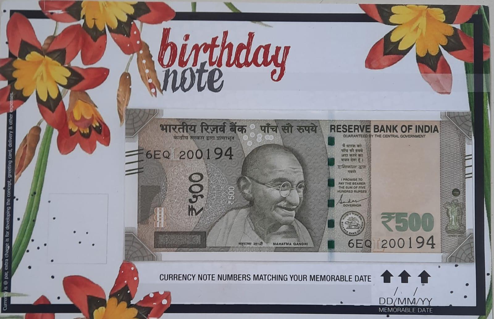 500 Rupees currency note matching your birthdate with birthday cover