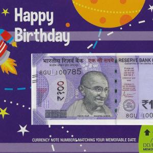 100 Rupees currency note matching your birthdate with birthday cover