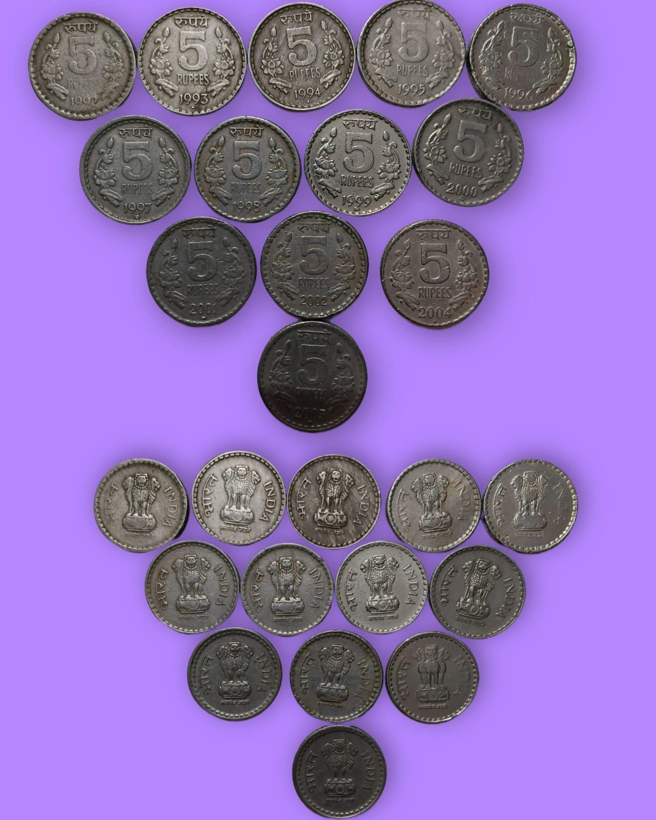 India - 1992-2004 - 5 Rupees Republic Coins SET OF 13 Coins Used
