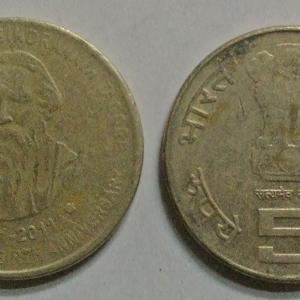 India - 2011 - 5 Rupees-Rabindranath Tagore Used 1 No - Coin