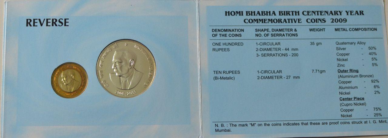 India - 2009 - Homi Bhabha Birth Centenary Year Rs. 100, Rs. 10 UNC Set - Coin