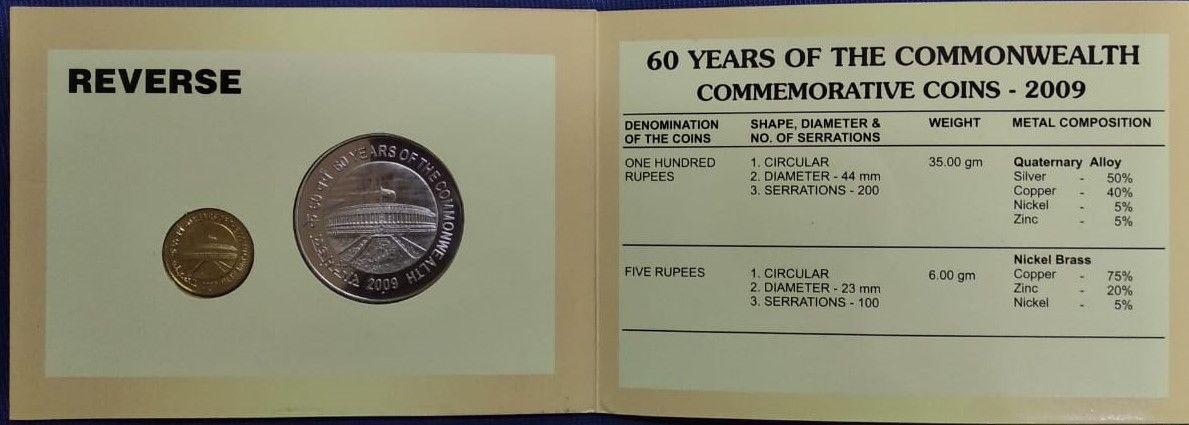 India - 2009 - 60 Years of the Commonwealth Rs. 100, Rs. 5 UNC Set (2 Coins)