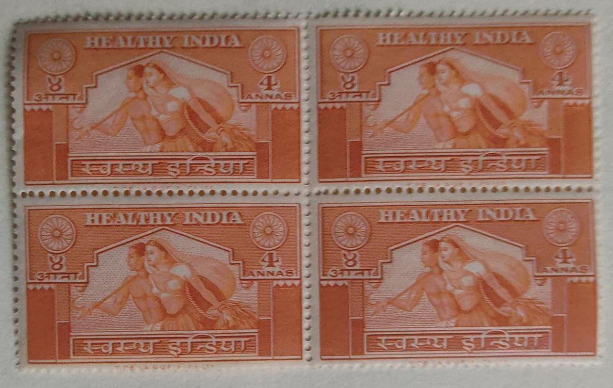 India 1950- Healthy 4 Anna (Block of 4) - Stamp - MNH