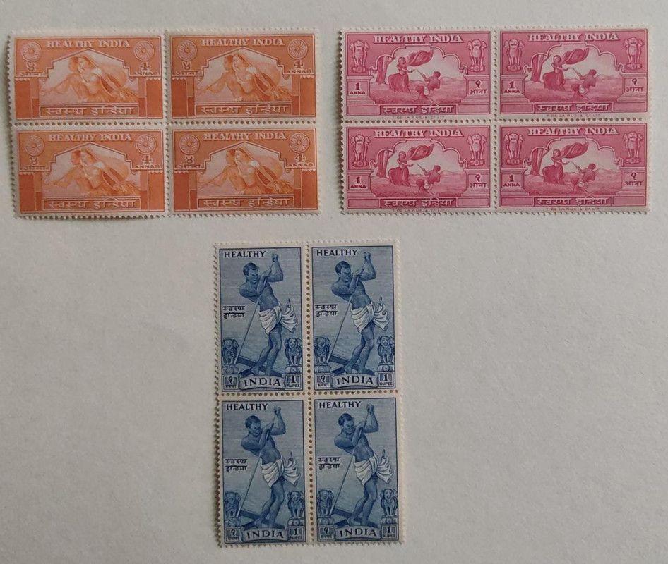 India 1950 - Healthy Set of 3 (Block of 4) - Stamp - MNH