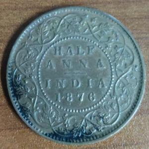 British India Coin Victoria Queen-Half Anna 1876 Copper