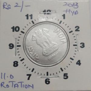 India - 2013 - 2 Rupees Hyderabad Mint 11.00 Oclock Rotation Error Coin Used