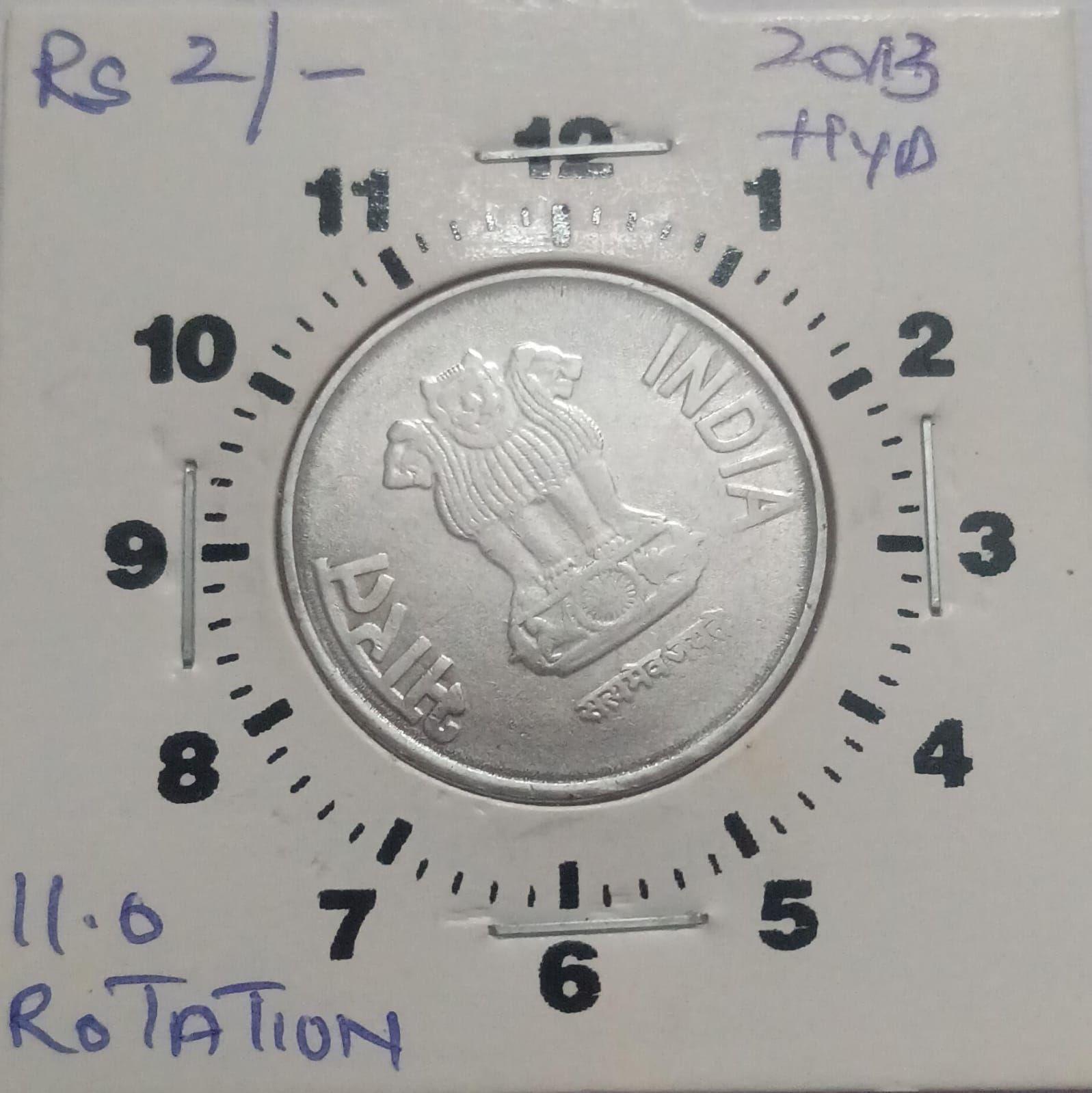 India - 2013 - 2 Rupees Hyderabad Mint 11.00 Oclock Rotation Error Coin Used
