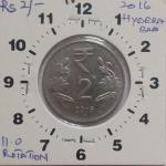 India - 2 Rupees 2016 Hyderabad Mint 11.00 Oclock Rotation Error Coin UNC