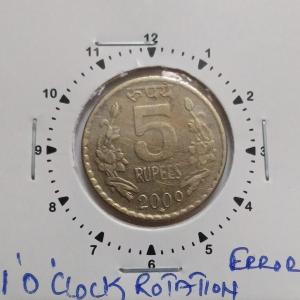 India - 2009 - 5 Rupees Hyderabad Mint 1 O clock Rotation UNC - Coin