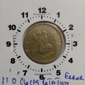 India - 5 Rupees 2013 Hyderabad Mint 11 Oclock Rotation Error Coin Used