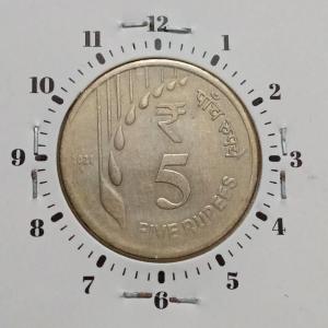India - 2021 - 5 Rupees Hyderabad Mint 11 Oclock Rotation Error Coin Used