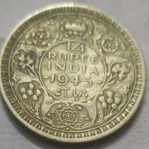 British India - King George VI 1/4 Rupee, 1945 Bombay Mint Silver Coin (Used)