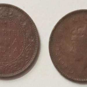 British India Coin George VI-One Quarter Anna 1938 Used Copper