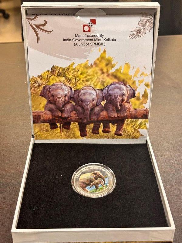 India - Endangered Animals of India - The Asian Elephant (Color Souvenir Coin) -Wood Box (Pro of Set)