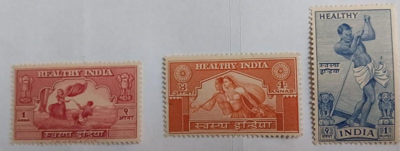India 1950 - HEALTHY CHARITY LABELS 1950 SET OF 3 MNH Stamps 1 ANNA, 4 ANNAS 1 RUPEE