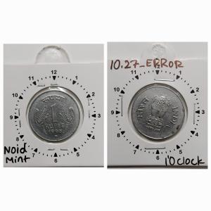 India - 1998 - 1 RUPEE Noida Mint 1O Clock Rotation Error Coin Used