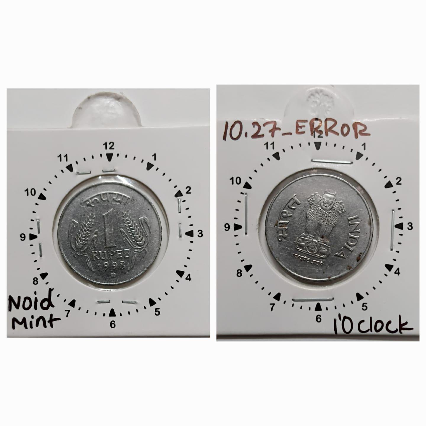 India - 1998 - 1 RUPEE Noida Mint 1O Clock Rotation Error Coin Used