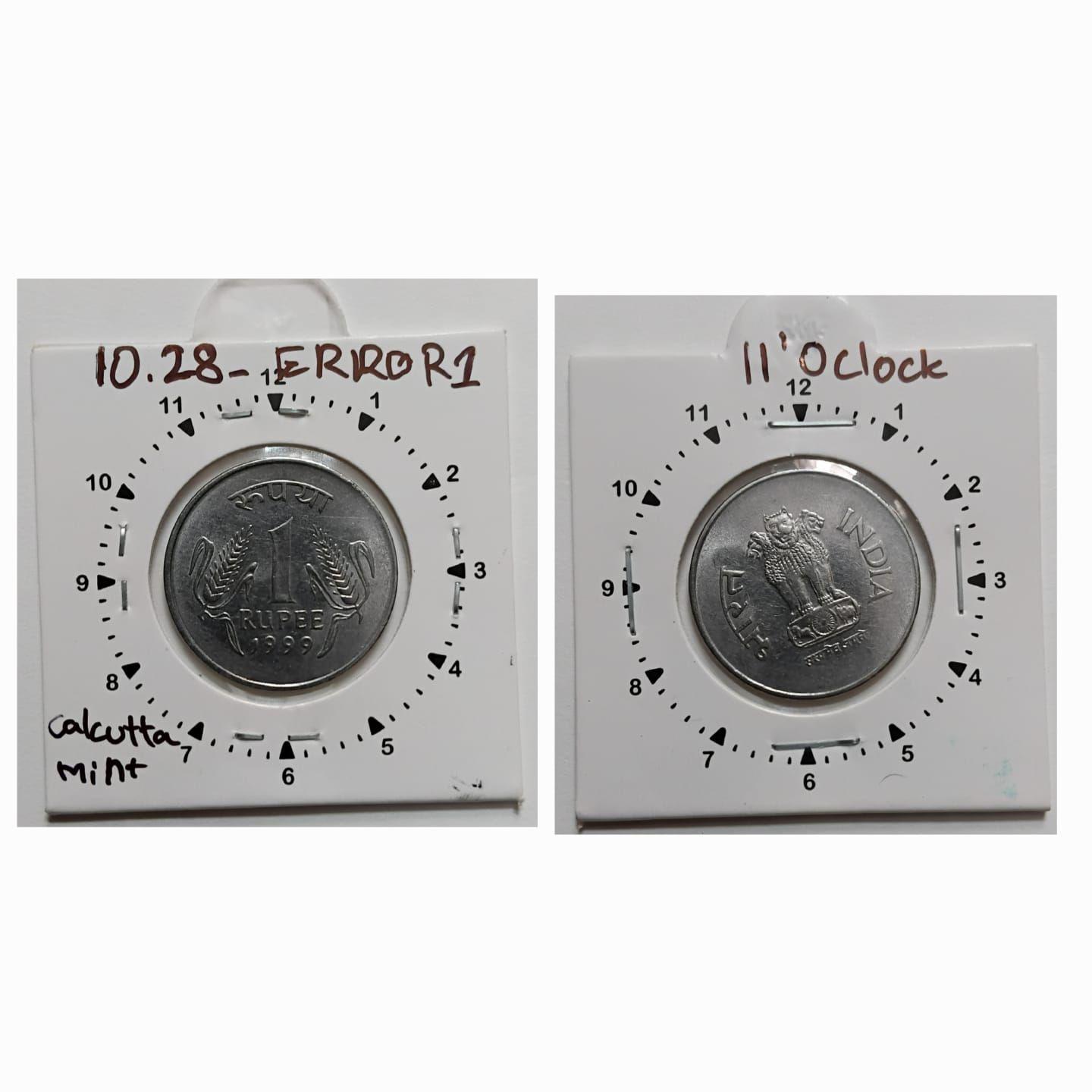 India - 1999 - 1 RUPEE Calcutta Mint 11O Clock Rotation Error Coin UNC