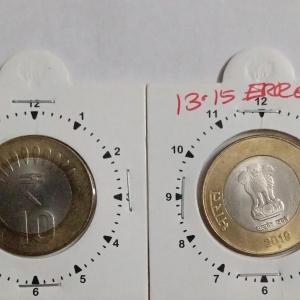 India - 2019 - 10 Rupees CALCUTTA Mint 11 Oclock Rotation ERROR Coin UNC