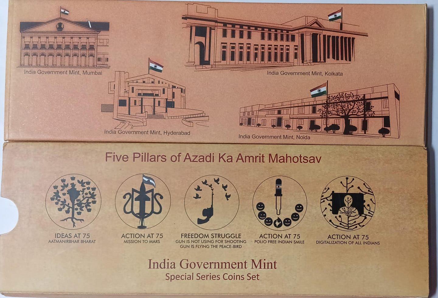 India - 2022 - 75th Anniversary of India Azadi Ka Amrit Mahotsav Special Series Coin set, (Rs. 1, Rs. 2, Rs. 5, Rs. 10, Rs. 20) India Government Mint UNC