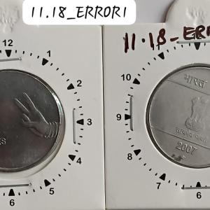 India - 2 Rupees 2007 Mudra Hyderabad Mint 11O Clock Rotation Error Coin Used