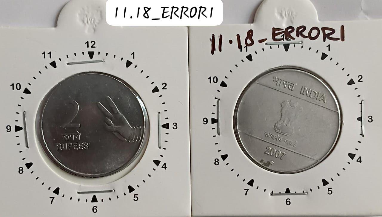 India - 2007 - 2 Rupees Mudra Hyderabad Mint 1 O Clock Rotation Error Coin Used