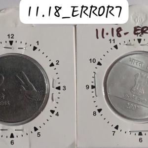 India - 2007 - 2 Rupees Mudra Bombay Mint 1 Oclock Rotation Error Coin Used