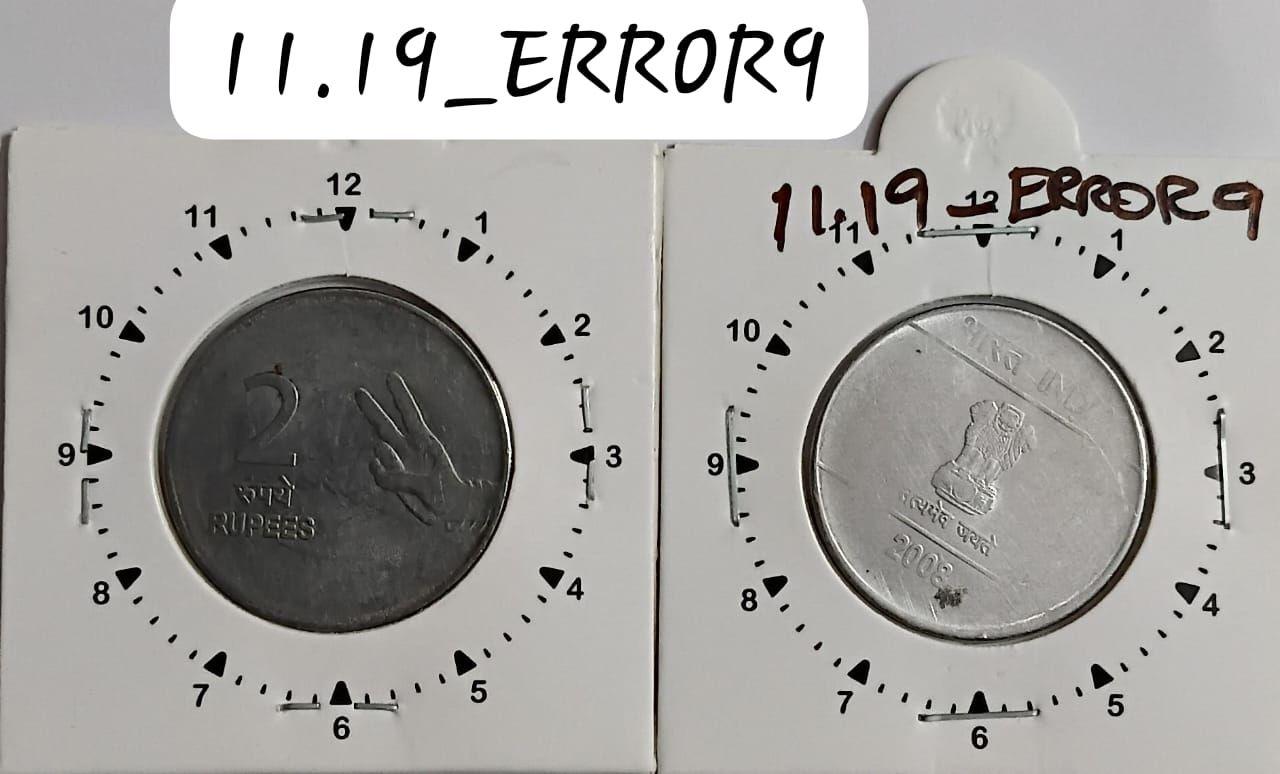 India - 2008 - 2 Rupees Mudra Kolkata Mint 1 Oclock Rotation Error Coin Used