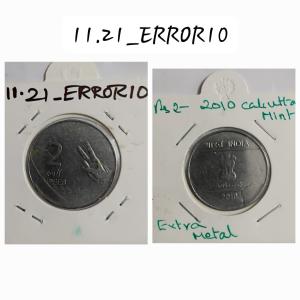 India - 2010 - 2 Rupees Mudra Kolkata Mint Extra Metal Error Coin Used