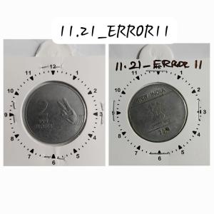 India - 2010 - 2 Rupees Mudra Kolkata Mint 11 Oclock Rotation Error Coin Used