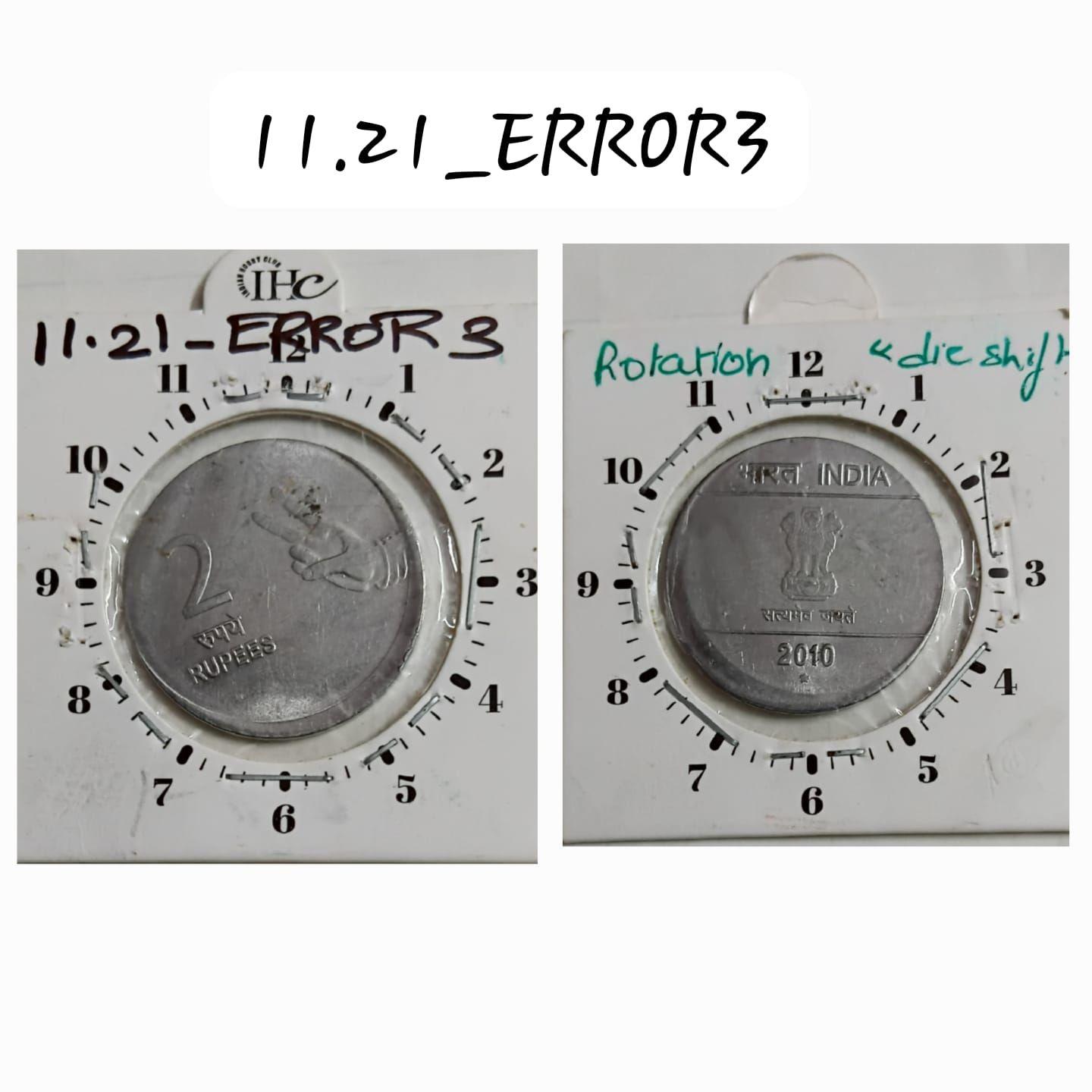 India - 2 Rupees 2010 Mudra Hyderabad Mint 1 Oclock Rotation Die Shift Error Coin Used
