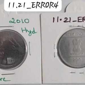India - 2010 - 2 Rupees Mudra Hyderabad Mint off-centre Error Coin Used