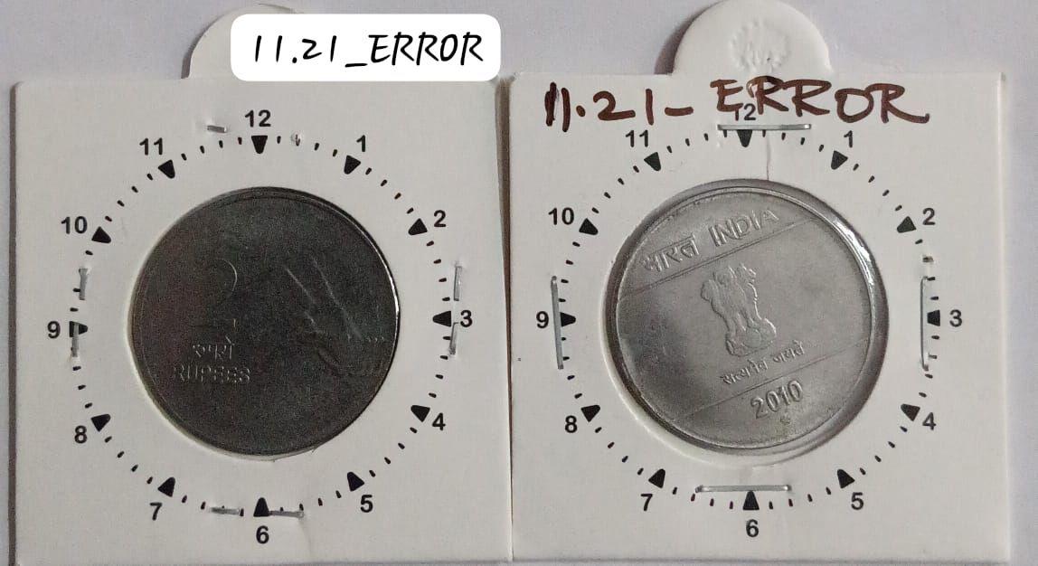 India - 2010 - 2 Rupees Mudra Hyderabad Mint 11 Oclock Rotation Error Coin Used