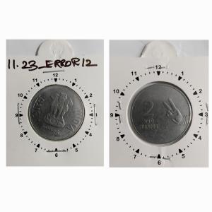 India - 2011 - 2 Rupees Noida Mint 1 Oclock Rotation Error Coin UNC