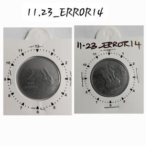 India - 2011 - 2 Rupees Noida Mint 11 Oclock Rotation Error Coin UNC