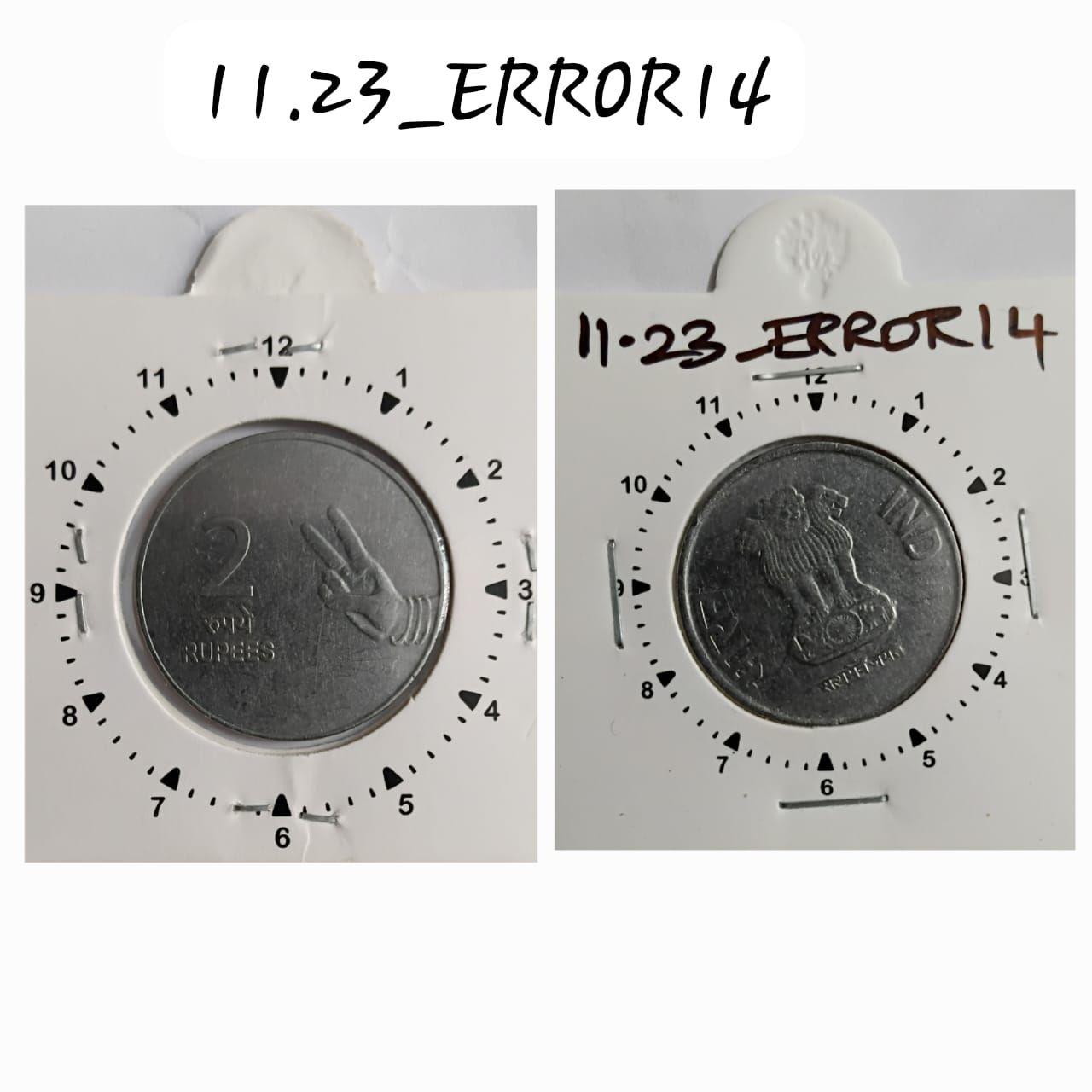 India - 2011 - 2 Rupees Noida Mint 11 Oclock Rotation Error Coin UNC