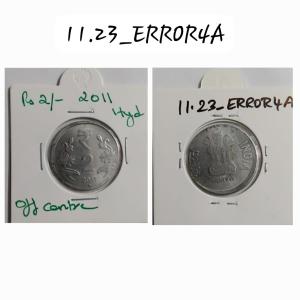 India - 2011 - 2 Rupees Hyderabad Mint off-centre Error Coin Used