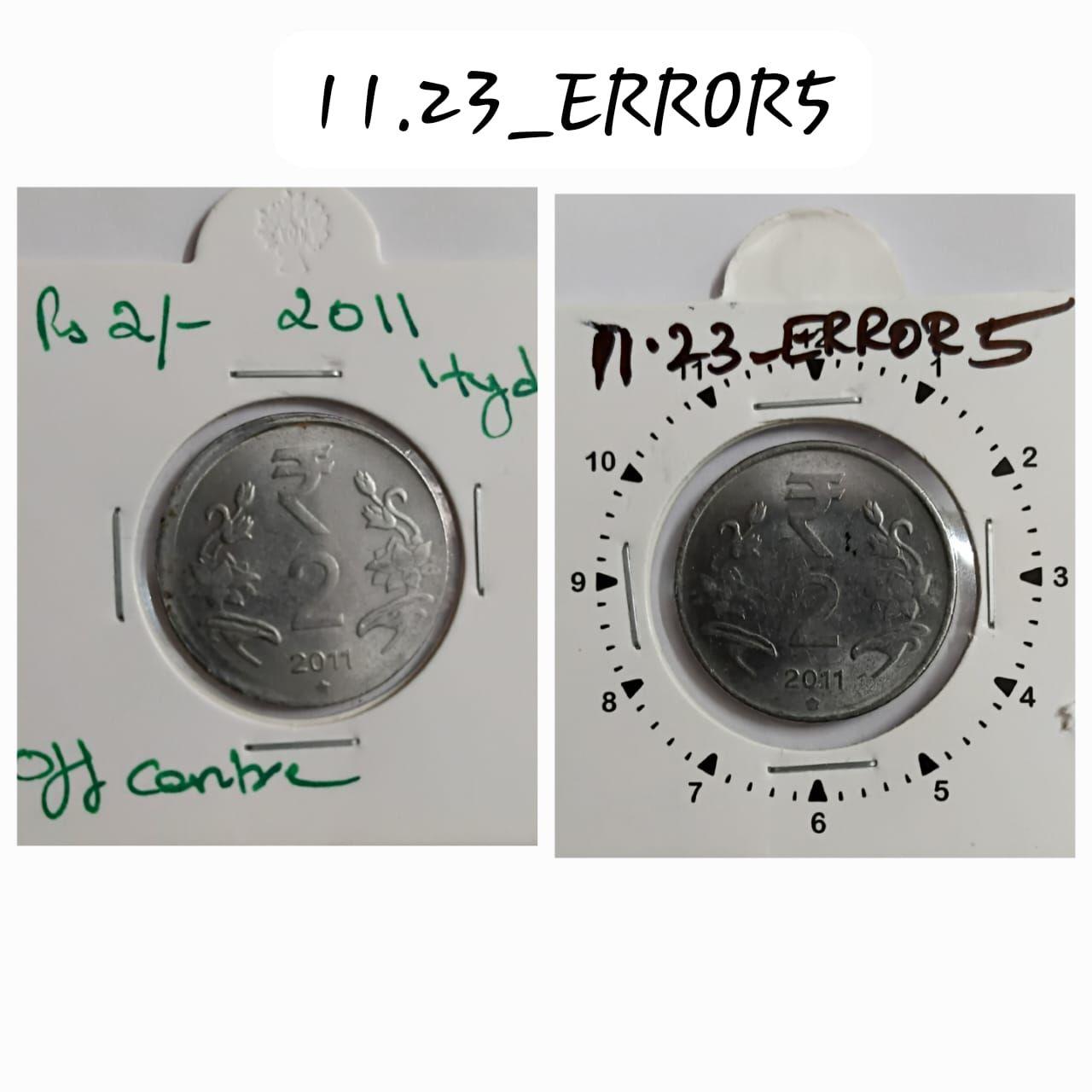 India - 2011 - 2 Rupees Hyderabad Mint 9.30 Rotation Error Coin UNC