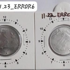 India - 2011 - 2 Rupees Hyderabad Mint 7.30 Rotation Error Coin UNC