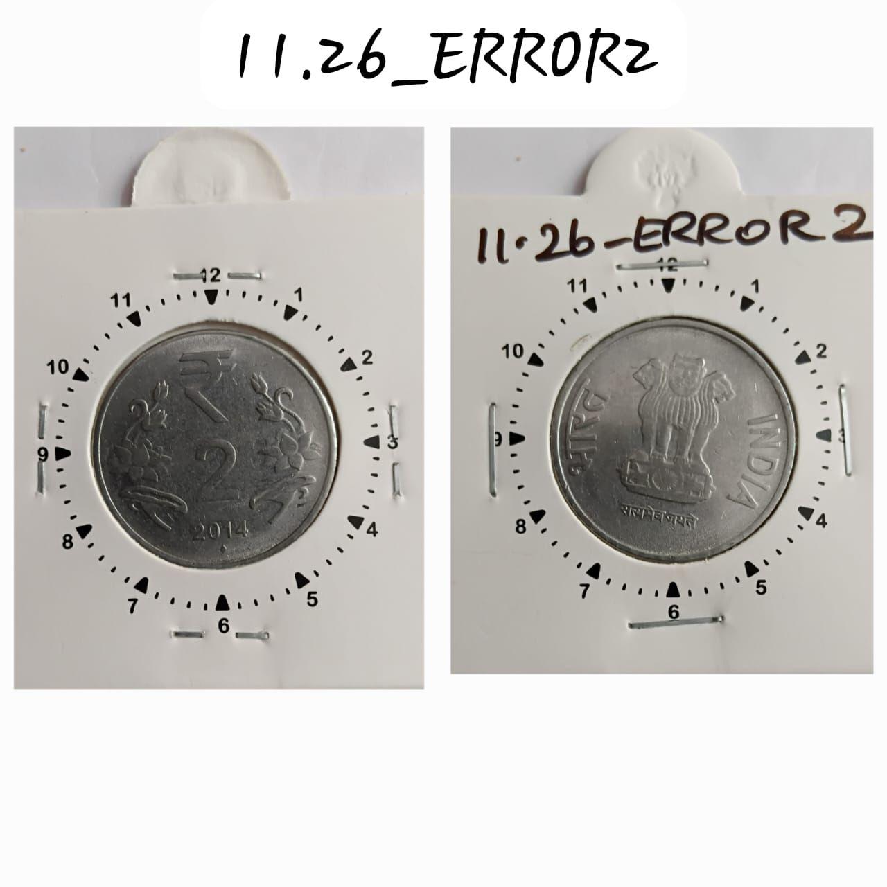 India - 2014 - 2 Rupees Kolkata Mint 12.30 Rotation Error Coin Used