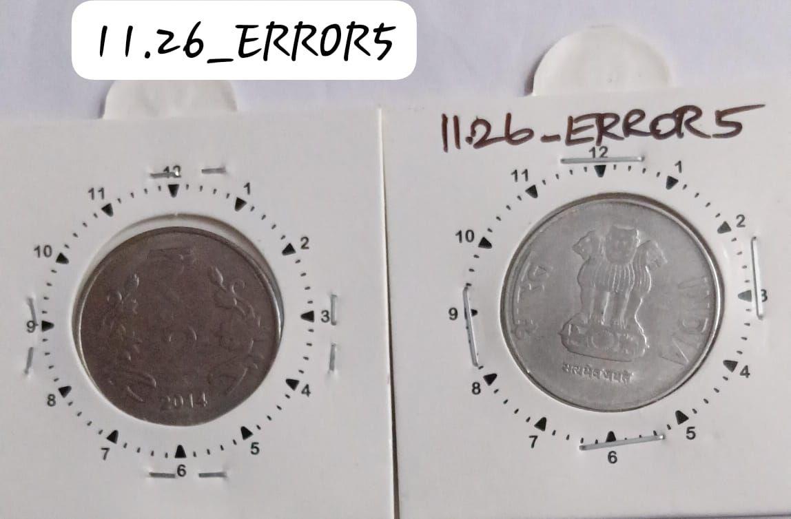 India - 2014 - 2 Rupees Kolkata Mint 12.30 Rotation Error Coin Used