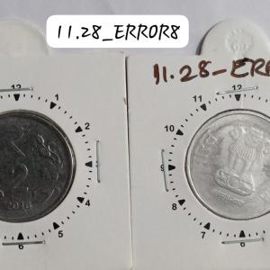 India - 2016 - 2 Rupees Kolkata Mint 1 Oclock Rotation Error Coin Used