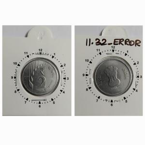 India - 2019 - 2 Rupees Noida Mint 11 Oclock Rotation Error Coin UNC