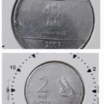 India - 2007 - 2 Rupees Mudra Kolkata Mint off-centre Error Coin Used