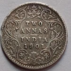 British India Coin Victoria Empress-2 ANNAS 1901 Used Silver Coin