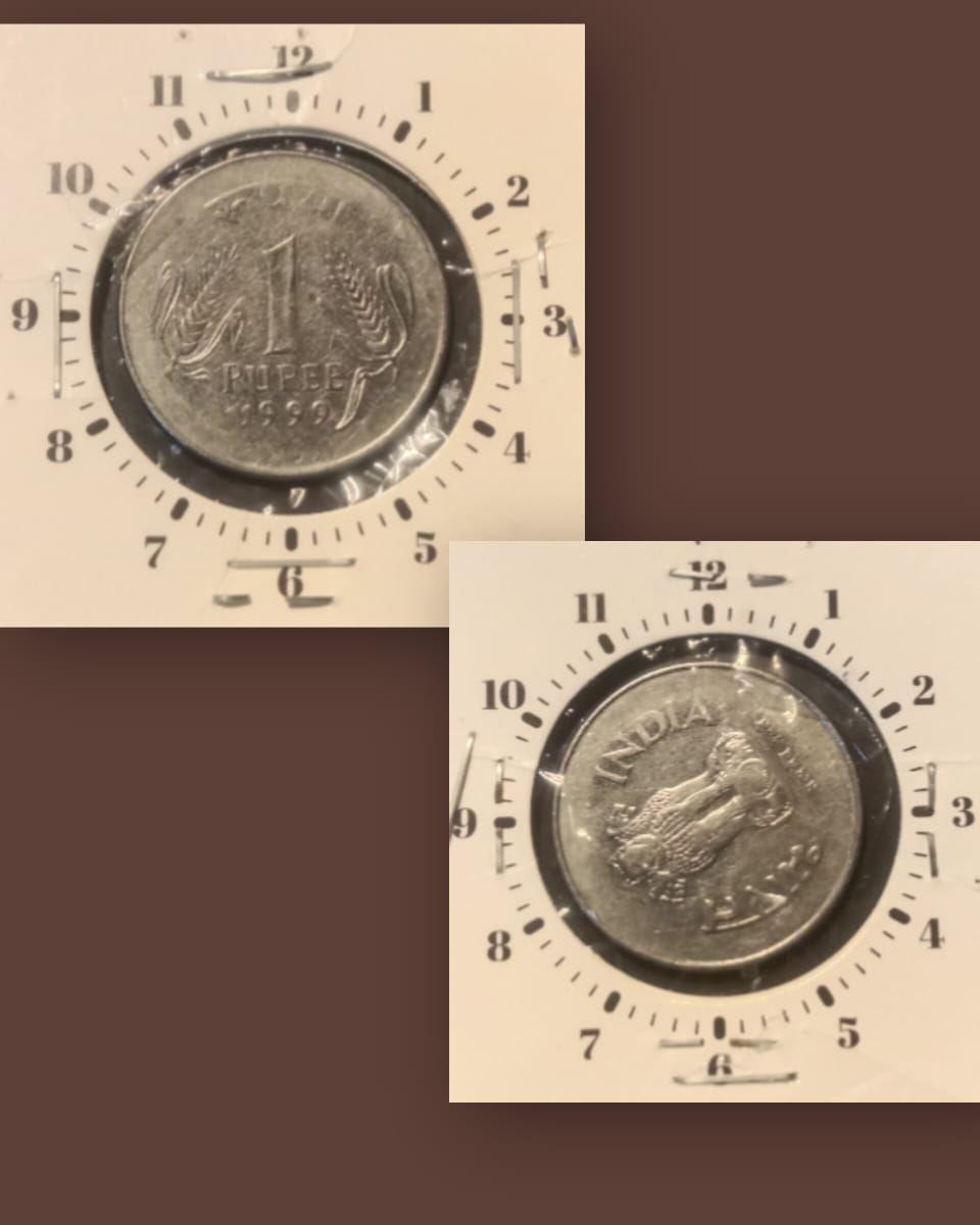 India - 1999 - 1 RUPEE Calcutta Mint 8O Clock Rotation Error Coin Used