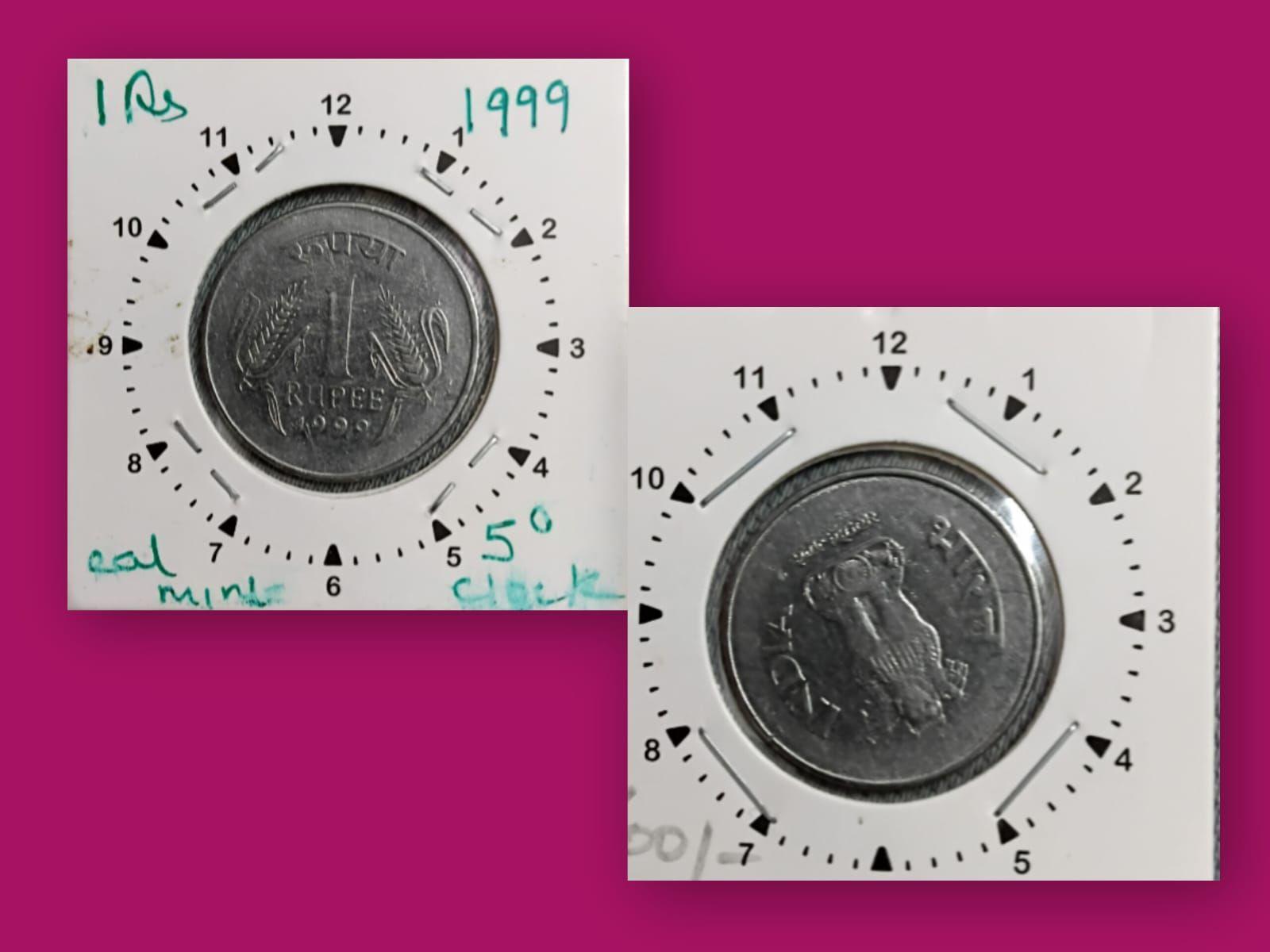 India - 1999 - 1 RUPEE Calcutta Mint 5O Clock Rotation Error Coin Used
